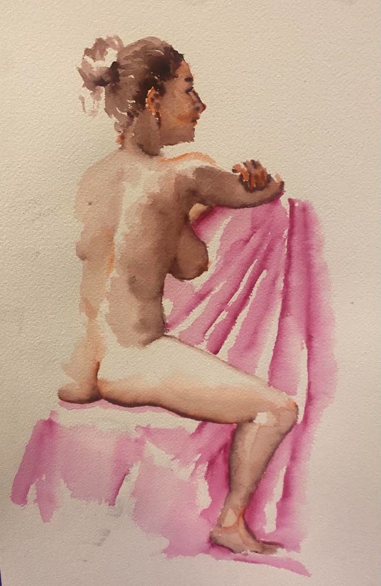 Watercolor figure study of a seated woman with pink drapery